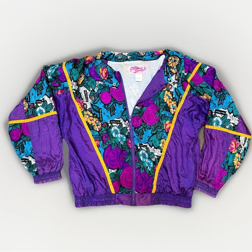 Rare Vintage 80s Shell Shock Rosa Damascana Purple Floral Windbreaker Large/XL - Picture 5 of 8